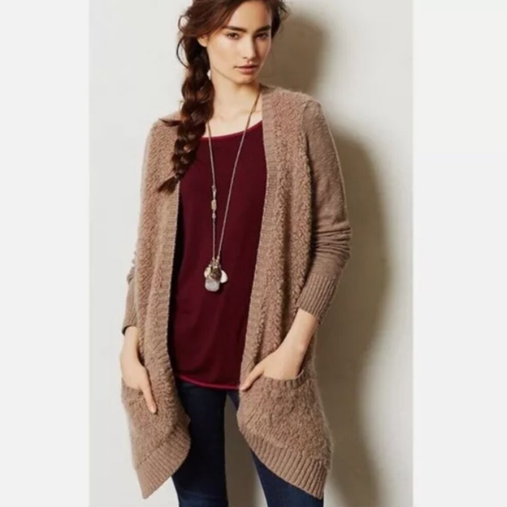 Anthropologie Sleeping on Snow Taupe Textured Cotton Wool Blend Cardigan